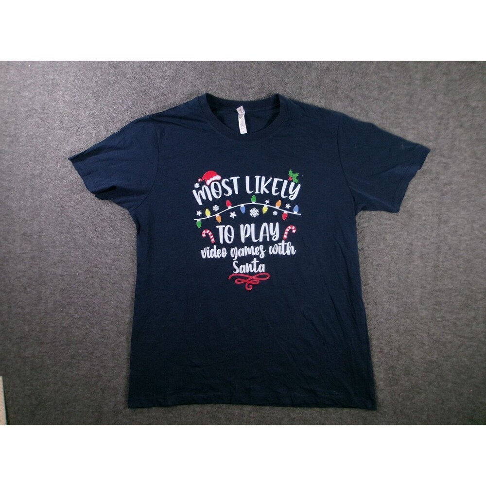 Christmas Shirt Men Large Navy Graphic Most Likely Play Video Games With Santa